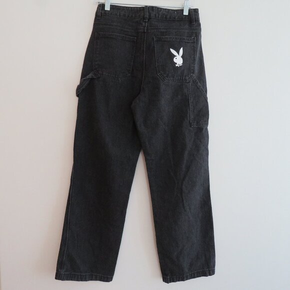PLAYBOY Y2K Black Wide Leg High Rise Baggy Carpenter Jeans - Size 3 / 28 Waist - Picture 8 of 16